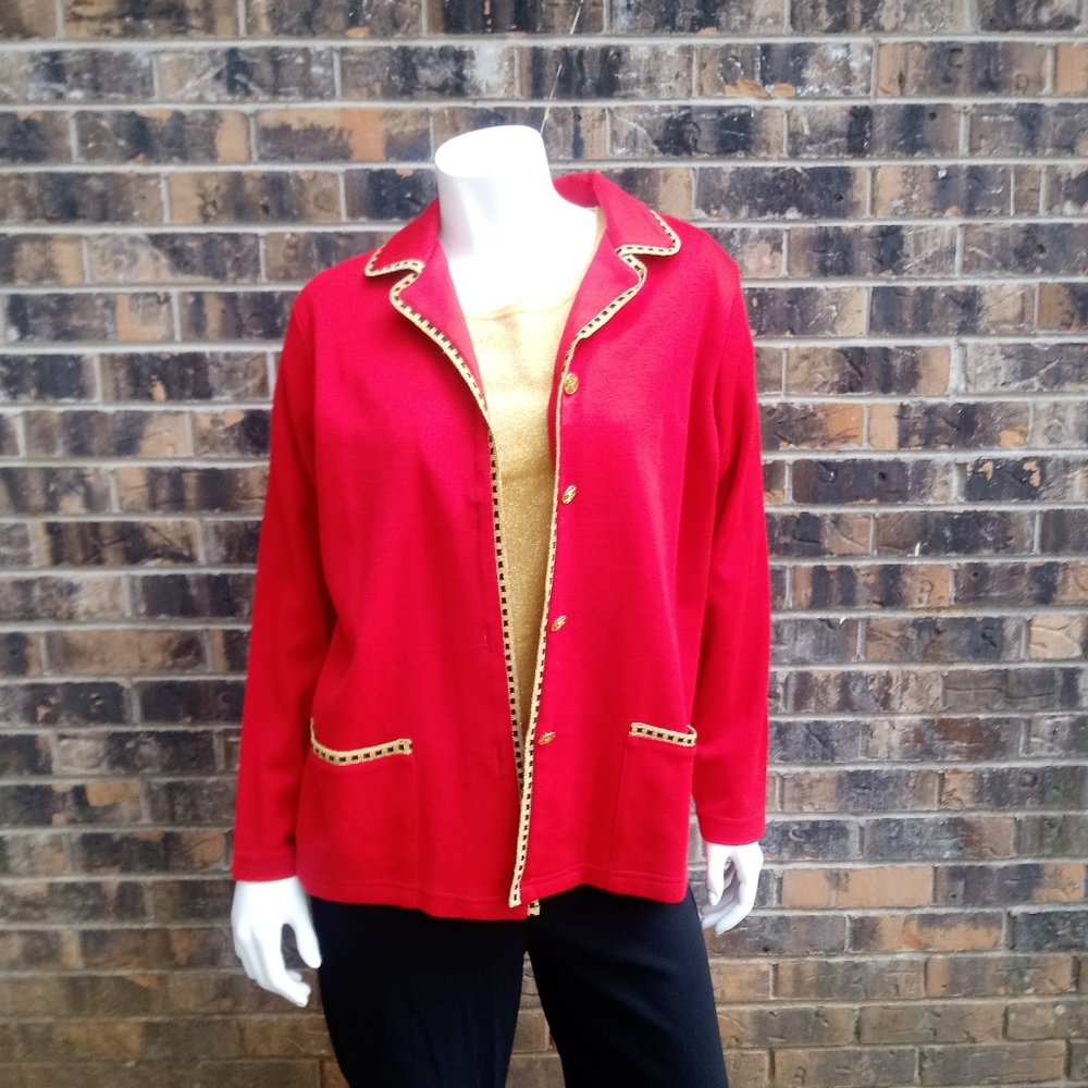 Red Cathy Daniels cardigan with gold blouse